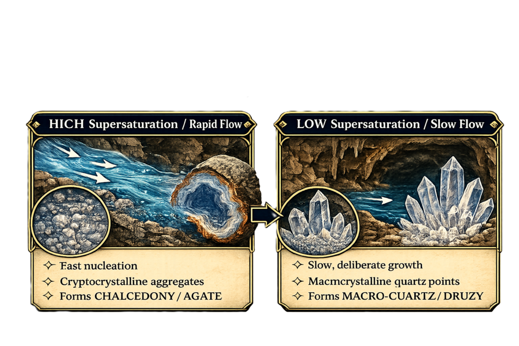 Diagram comparing high silica supersaturation and rapid flow forming cryptocrystalline chalcedony and agate with low supersaturation and slow flow forming macrocrystalline quartz and druzy