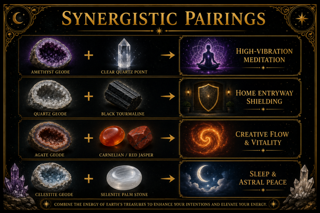 Synergistic crystal pairings chart featuring amethyst geode with clear quartz quartz geode with black tourmaline agate geode with carnelian or red jasper and celestite geode with selenite