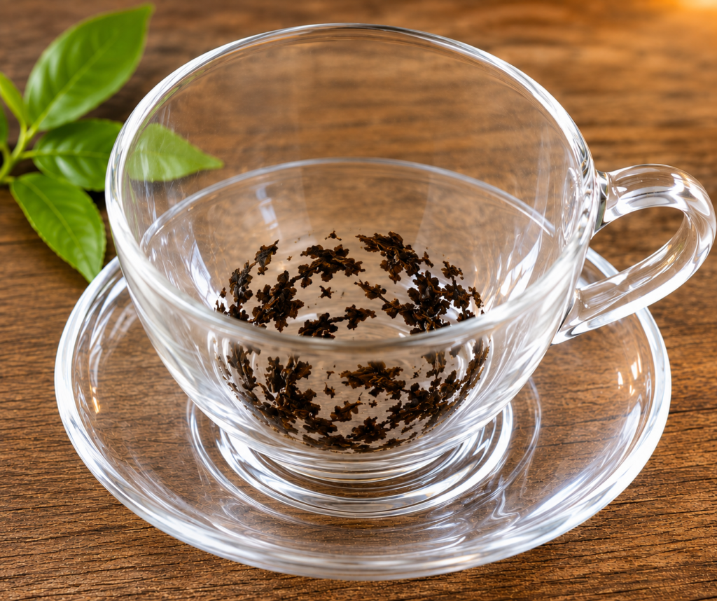Tea leaf pattern in a clear glass cup sians emporium Tea leaves forming a pattern inside a clear glass teacup and saucer on a wooden surface
