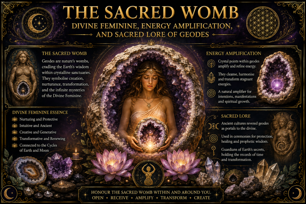 The sacred womb divine feminine energy and sacred lore of geodes sians emporium The sacred womb illustration featuring a divine feminine figure surrounded by amethyst geodes crystals lotus flowers and sacred geometry symbolising creation energy amplification and sacred lore