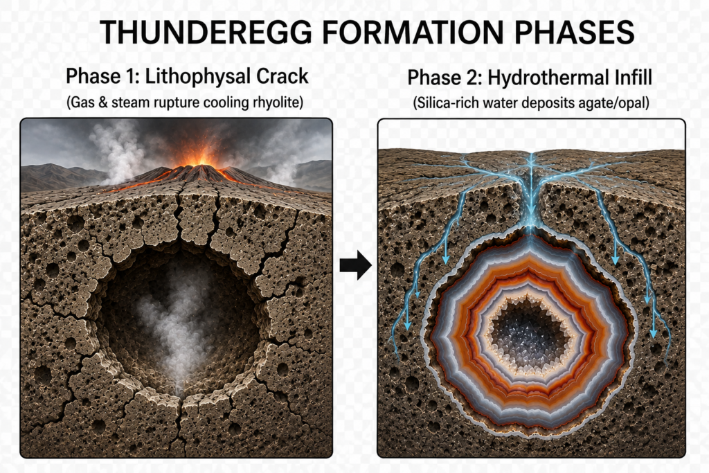 Thunderegg formation diagram showing a lithophysal crack in cooling rhyolite followed by hydrothermal infill as silica rich water deposits layers of agate and opal