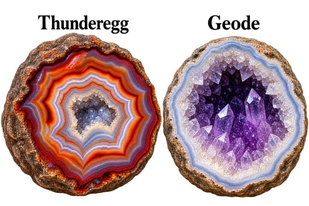 Cut thunderegg and geode shown side by side comparing the banded agate interior of a thunderegg with the crystal lined cavity of an amethyst geode