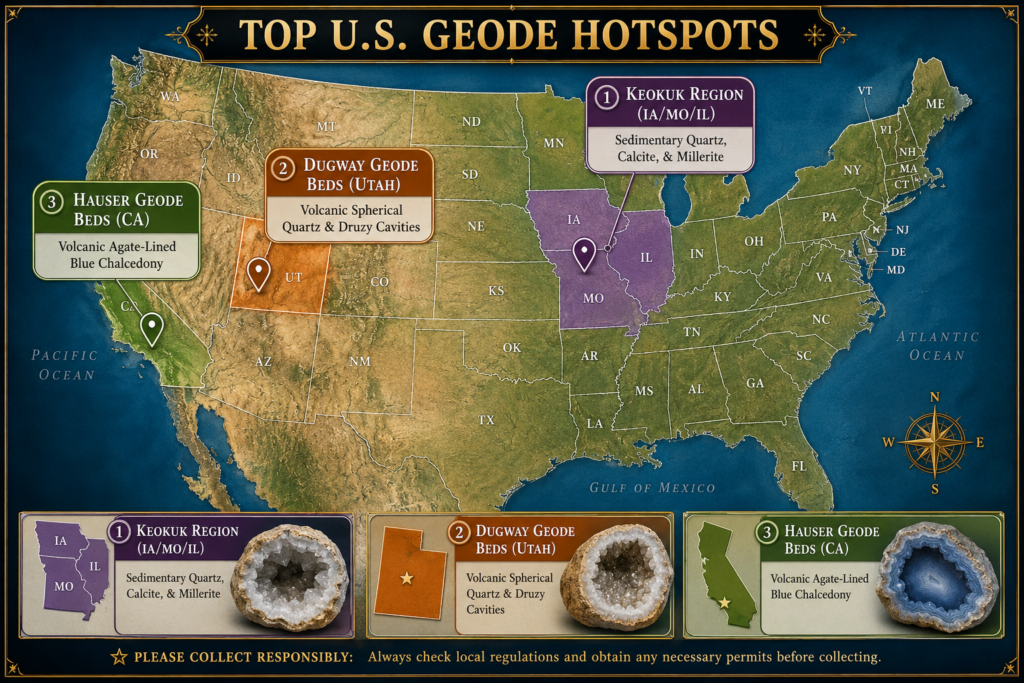 Top u S Geode hotspots | keokuk dugway hauser geode beds sians emporium Illustrated map of the united states highlighting three top geode hotspots the keokuk region in iowa missouri and illinois dugway geode beds in utah and hauser geode beds in california