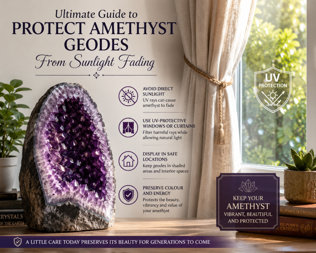 Purple amethyst geode displayed indoors away from direct sunlight illustrating how to protect amethyst from uv exposure and colour fading