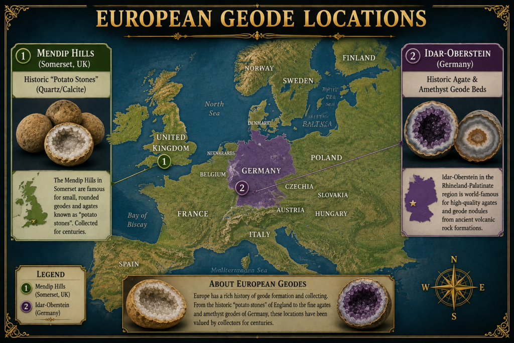 European geode locations | mendip hills idaroberstein sians emporium Illustrated map of europe highlighting the mendip hills in somerset uk known for historic quartz and calcite potato stones and idar oberstein in germany famous for agate and amethyst geodes