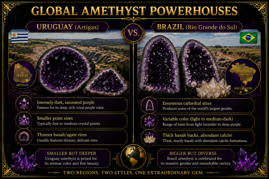 Uruguay vs brazil amethyst global amethyst powerhouses sians emporium Uruguay artigas vs brazil rio grande do sul amethyst comparison showing differences in purple colour crystal point size geode size basalt and agate rims and calcite