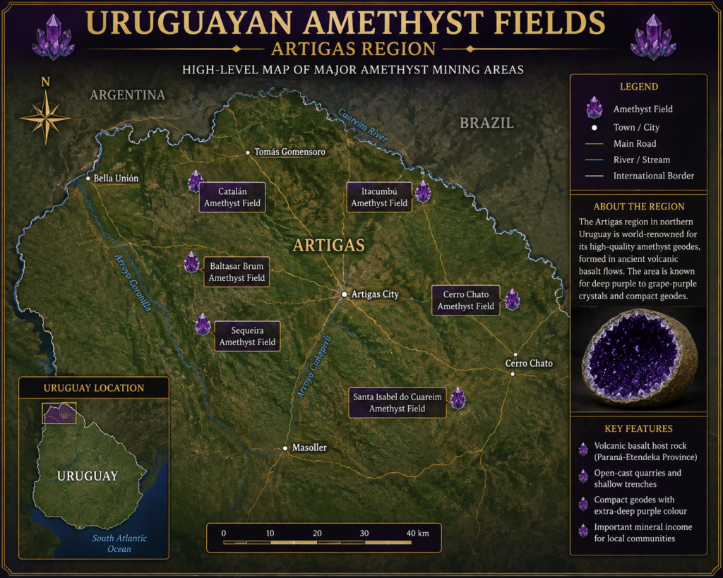 Uruguayanamethystfields sians emporium High level map of the artigas region in northern uruguay showing major amethyst producing areas mining locations towns roads rivers and the regions position near brazil and argentina