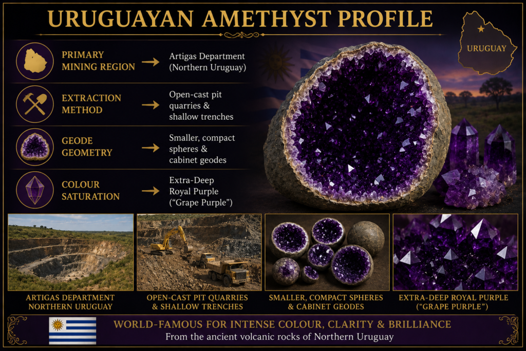Uruguayan amethyst profile sians emporium Uruguayan amethyst profile showing artigas department open cast quarry extraction compact amethyst geodes and intensely saturated deep royal purple quartz crystals