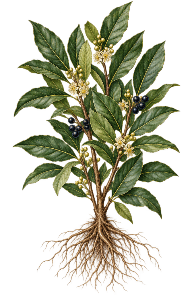 Victorian botanical bay laurel illustration sians emporium Victorian botanical illustration of bay laurel laurus nobilis showing glossy green leaves flowers berries and exposed bare roots