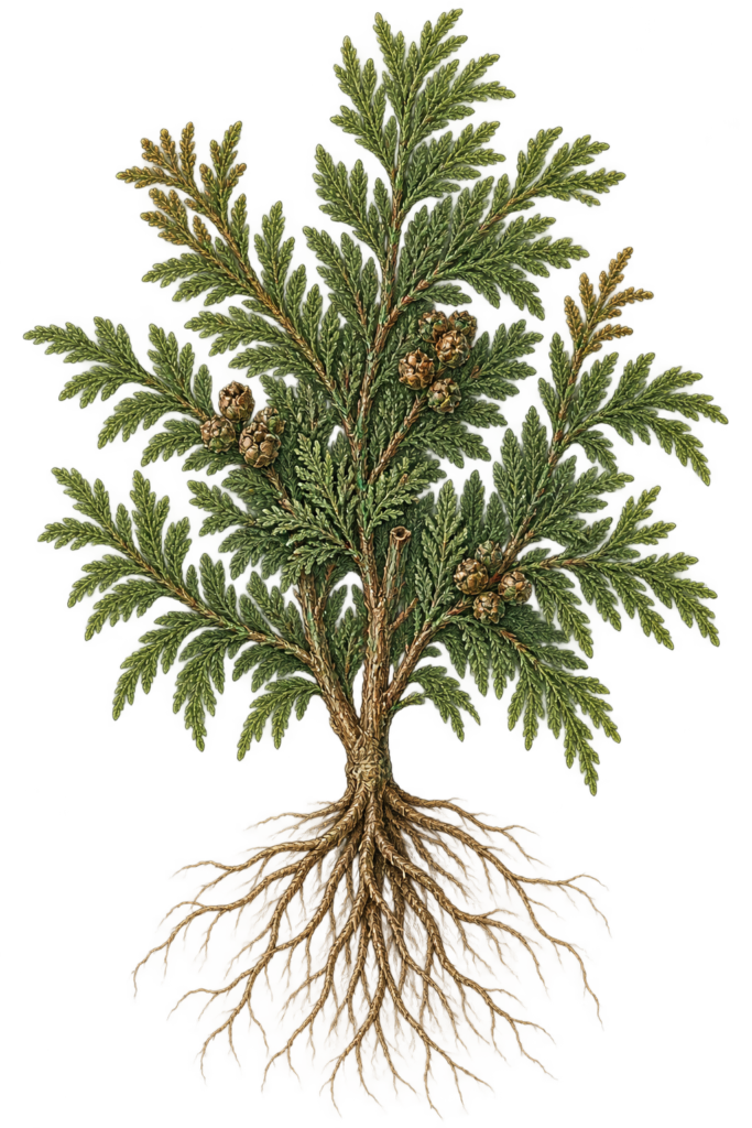 Victorian botanical cedar tree illustration sians emporium Victorian botanical drawing of a cedar tree with evergreen foliage cones and exposed bare roots on a transparent background