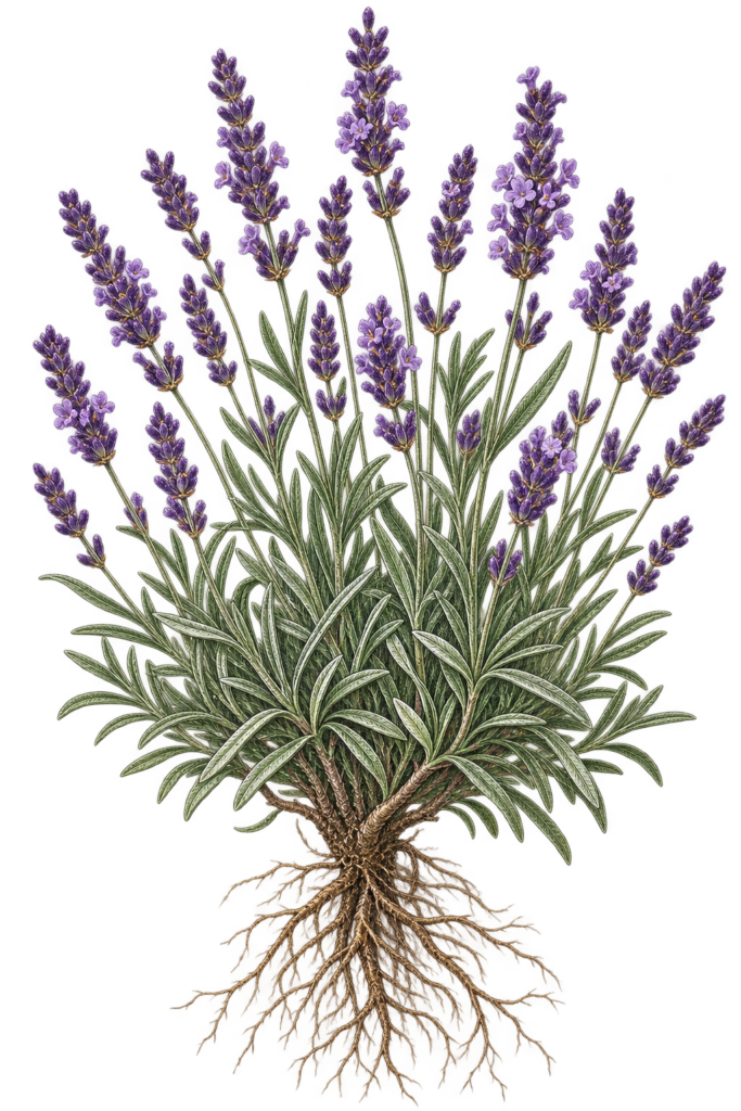 Victorian botanical lavender plant illustration sians emporium Victorian botanical illustration of a lavender bush with purple flowers green foliage and exposed bare roots