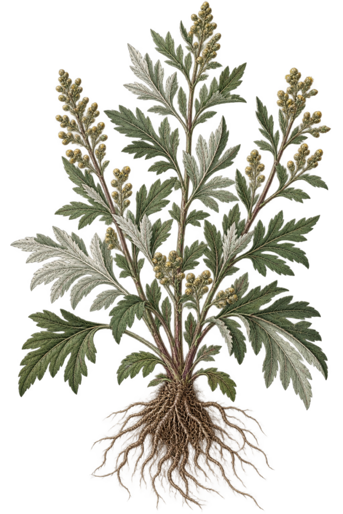 Victorianbotanicalmugwort sians emporium Victorian botanical illustration of mugwort artemisia vulgaris showing detailed green and silvery leaves flowering stems and exposed bare roots
