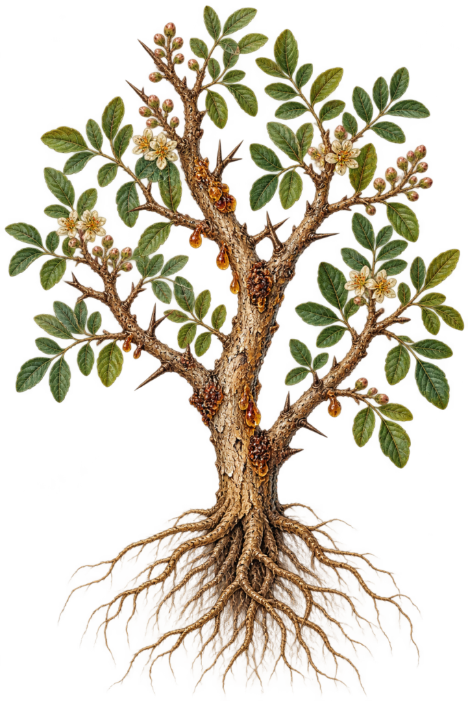 Victorian botanical illustration of myrrh commiphora myrrha showing thorny branches green foliage flowers resin and exposed bare roots