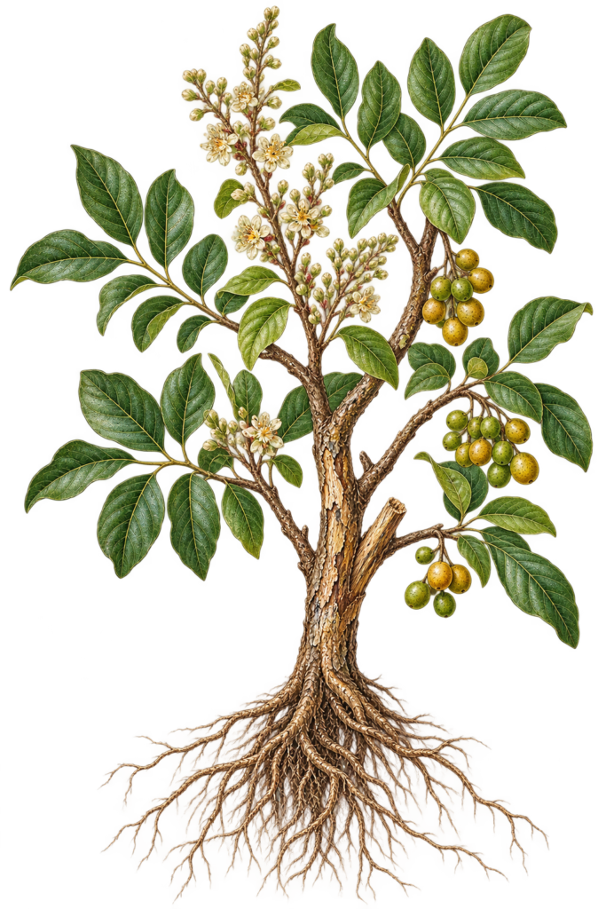 Victorian botanical palo santo illustration sians emporium Victorian botanical illustration of palo santo bursera graveolens showing green foliage flowers fruit woody branches and exposed bare roots