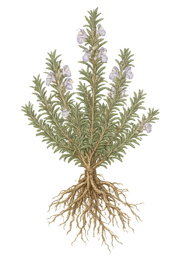 Victorian botanical rosemary with bare roots sians emporium Victorian botanical illustration of rosemary salvia rosmarinus with needle like green leaves pale purple flowers and exposed bare roots