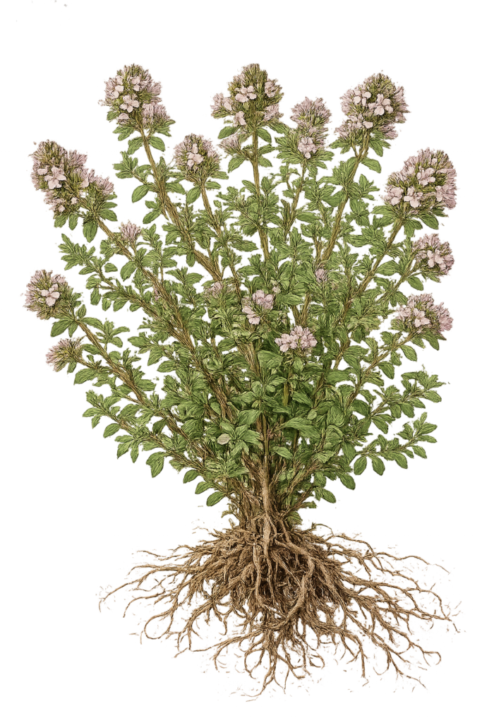 Victorian botanical thyme illustration sians emporium Victorian botanical illustration of thyme thymus vulgaris showing green foliage pale pink flowers and exposed bare roots