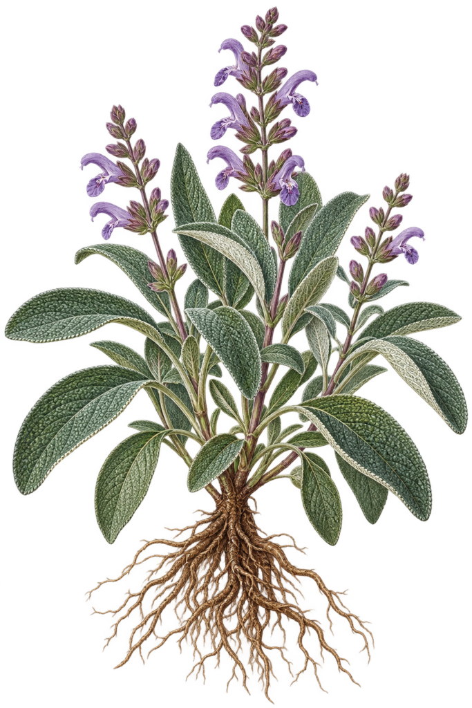 Victorian botanical garden sage with bare roots sians emporium Victorian botanical illustration of garden sage salvia officinalis with green leaves purple flowers and exposed bare roots