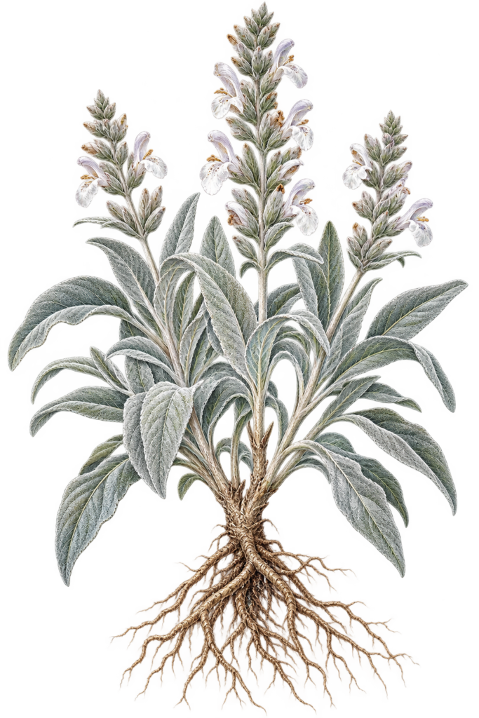 Victorian botanical white sage with bare roots sians emporium Victorian botanical illustration of white sage salvia apiana with silvery grey leaves pale flowers and detailed exposed bare roots