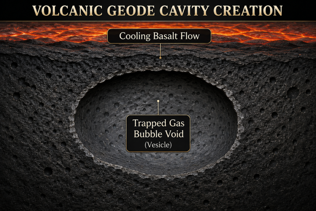 Volcanic geode cavity creation gas bubble vesicle in basalt sians emporium Diagram showing volcanic geode cavity creation as a trapped gas bubble forms a vesicle inside a cooling basalt lava flow