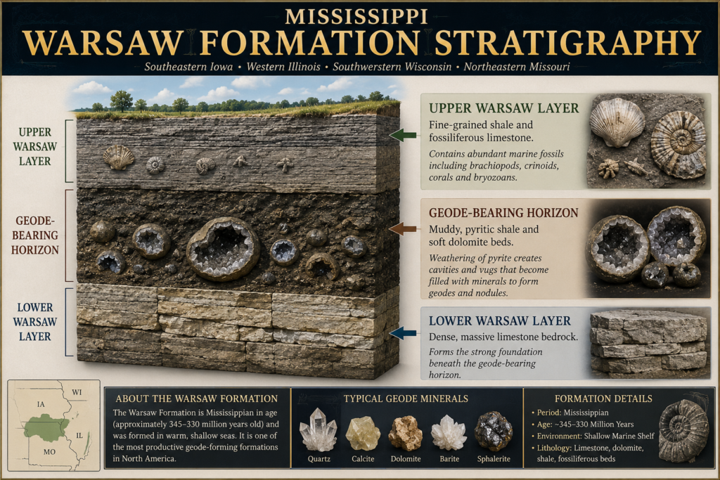 Warsaw formation stratigraphy geodebearing horizon of the keokuk region sians emporium Geological cross section of the warsaw formation showing fossiliferous upper beds the shale and dolomite geode bearing horizon and dense limestone bedrock below