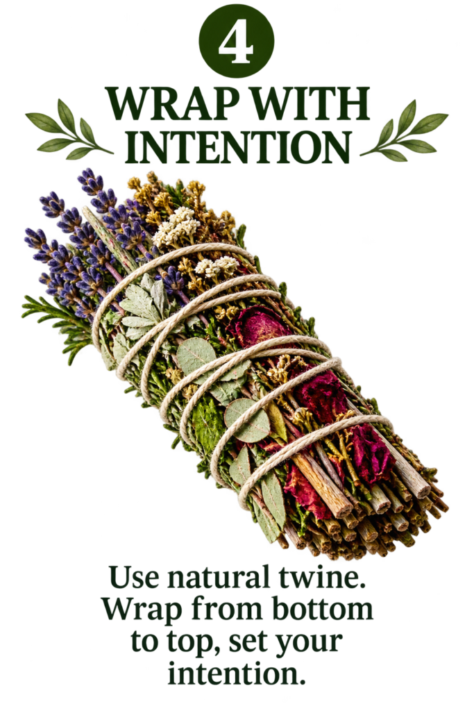 Wrap your herbal smoke cleansing stick with intention sians emporium Handmade herbal smoke cleansing stick with lavender dried flowers rose petals and leaves wrapped securely with natural twine