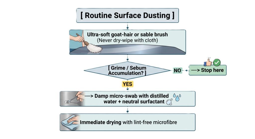 Tep by step flowchart illustrating routine surface dusting using a goat hair brush and a decision path for cleaning grime and sebum accumulation