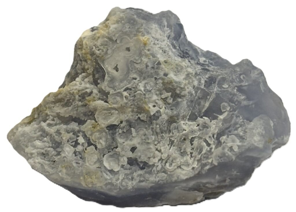 Rough raw blue grey chalcedony mineral specimen displaying natural botryoidal rosette patterning and matrix crust on white background