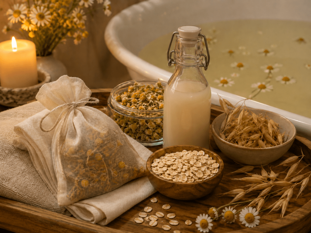 Muslin herbal bath sachet with dried chamomile oat straw and rolled oats beside a warm milky evening bath