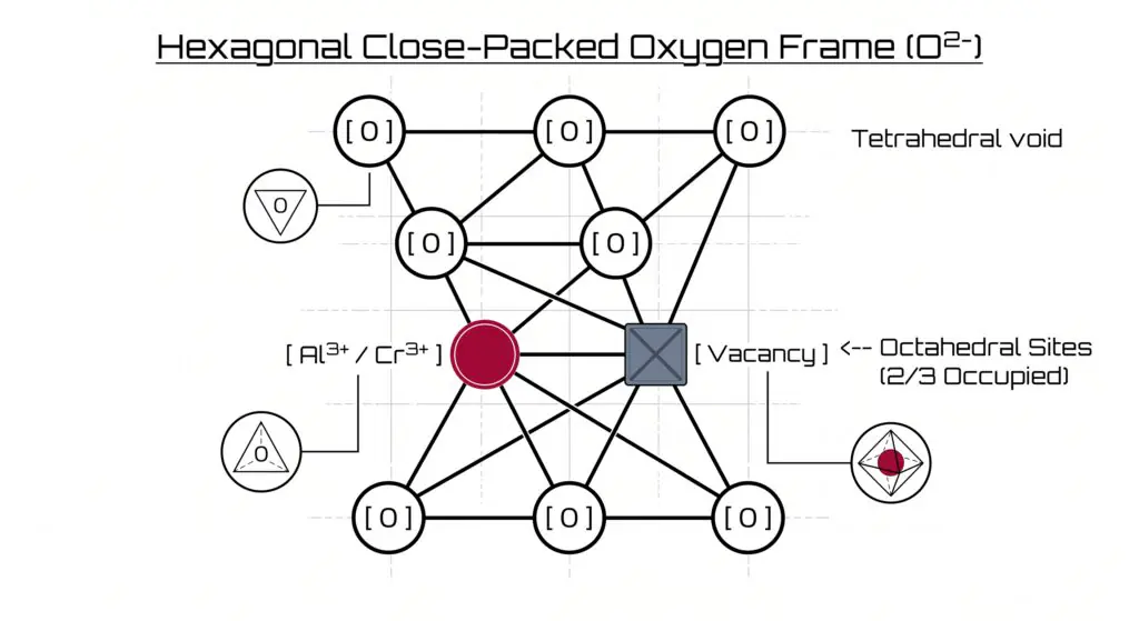 Technical schematic of corundum hexagonal close packed oxygen lattice showing octahedral site occupancy of aluminum and chromium ions with vacancies