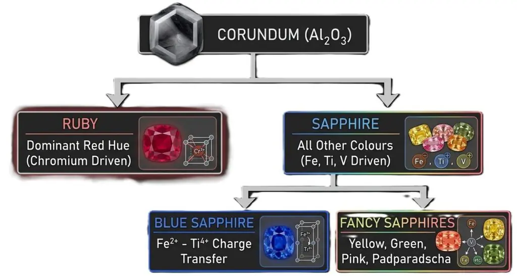 Diagram showing the corundum mineral family al2o3 divided into ruby and sapphire varieties based on chromium iron titanium and vanadium trace elements