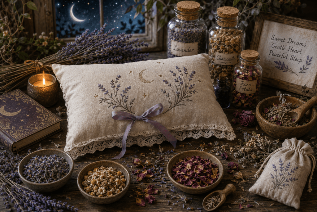Handmade herbal dream pillow surrounded by dried lavender chamomile and rose petals in a peaceful moonlit setting