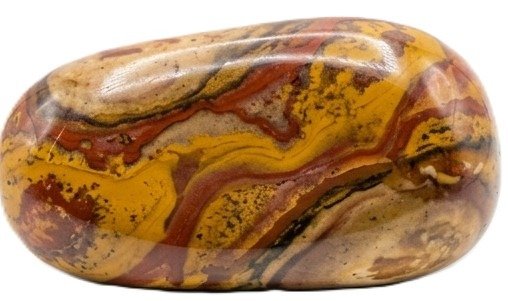 Smooth polished desert jasper pebble featuring flowing bands of mustard yellow earthy terracotta brown and cream against a white backdrop