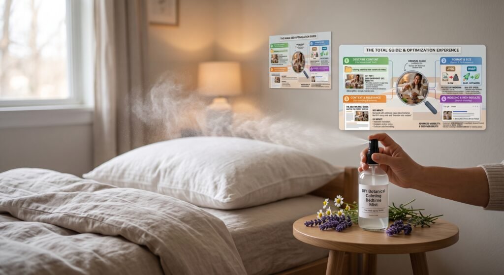 Natural sleep spray with calm inducing botanicals sians emporium A hand spraying a natural diy botanical bedtime mist onto a soft white pillow in a cozy bedroom with fresh lavender and chamomile flowers on a side table