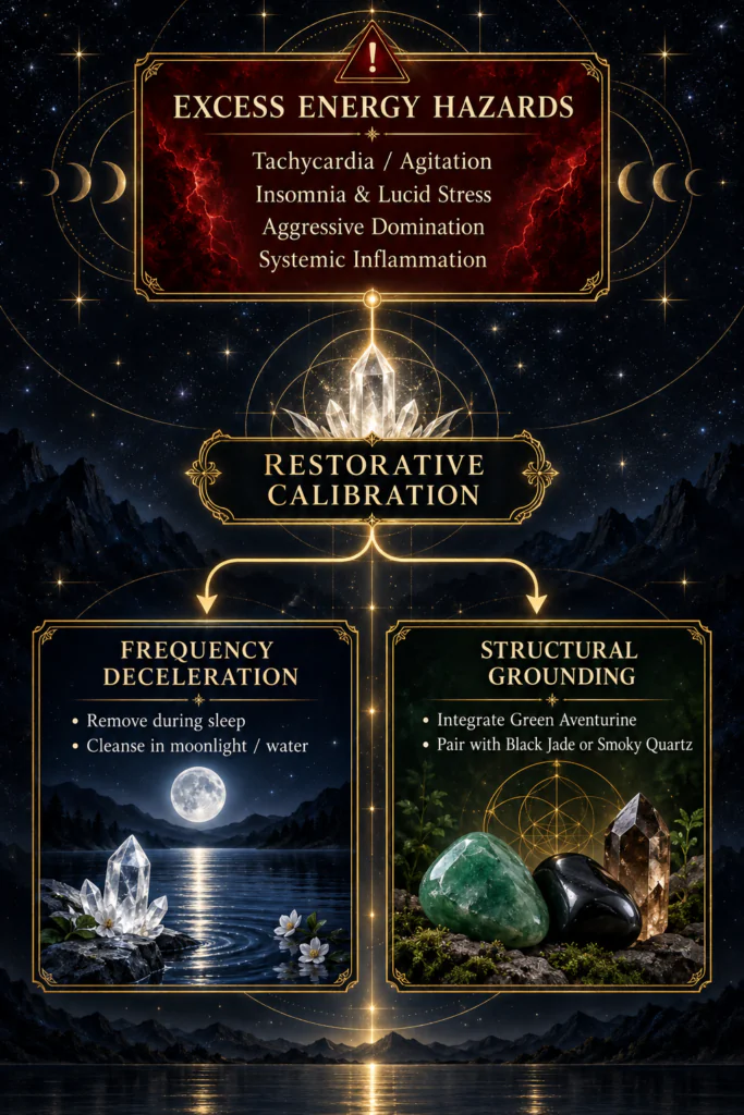 Infographic showing perceived excess crystal energy effects and restorative steps involving rest moonlight cleansing and grounding stones