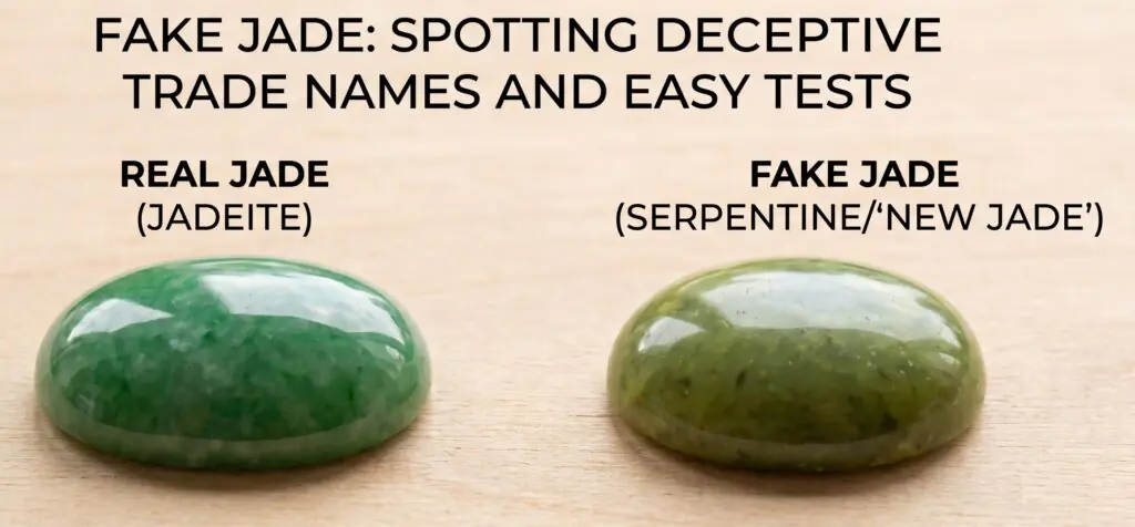 Fake jade vs real jadeite key visual and physical differences sians emporium Comparison between real jadeite cabochon and fake serpentine jade showing differences in lustre hardness texture and temperature