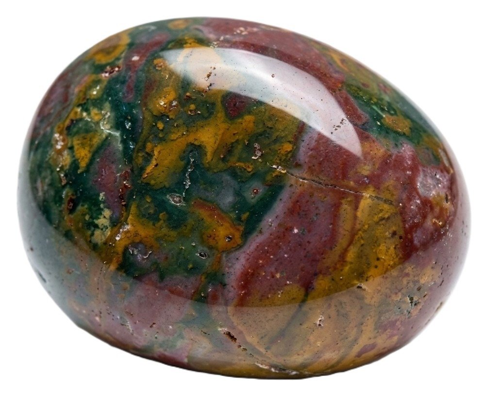 Polished fancy jasper oval palm stone displaying mottled swirls of forest green ochre yellow and plum red chalcedony