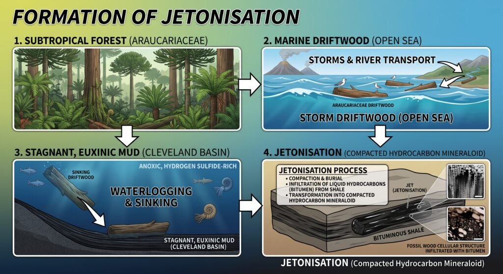 Geological formation of jet the jetonisation process diagram sians emporium Four step geological diagram illustrating the formation of jet through jetonisation from araucariaceae subtropical forests and marine driftwood to anoxic seabed deposition and bituminous shale compaction