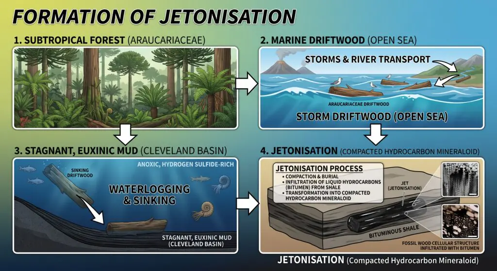 Geological formation of jet the jetonisation process diagram sians emporium Four step geological diagram illustrating the formation of jet through jetonisation from araucariaceae subtropical forests and marine driftwood to anoxic seabed deposition and bituminous shale compaction