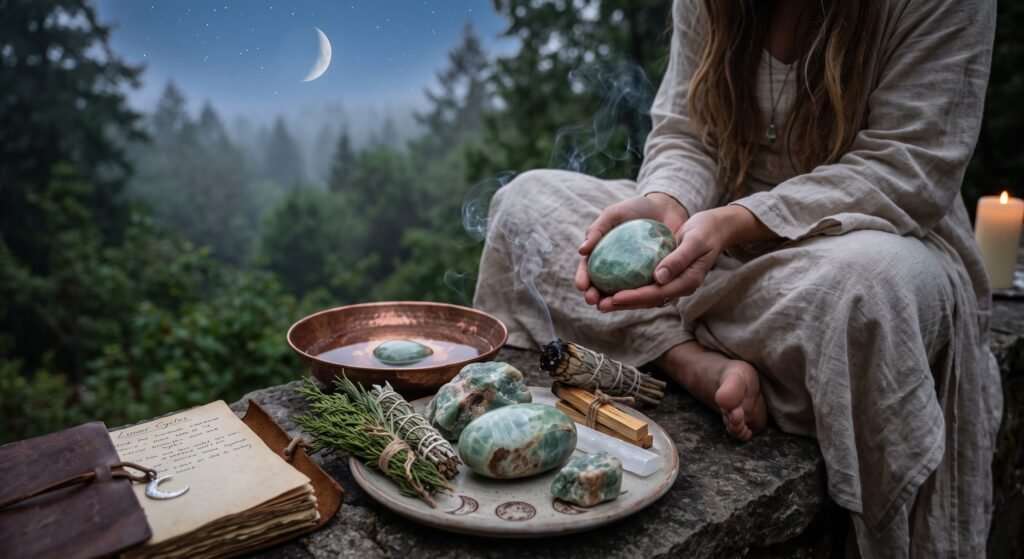 Person holding a polished green moonstone palm stone during an outdoor evening cleansing ritual with smudging herbs selenite water bowl and a crescent moon