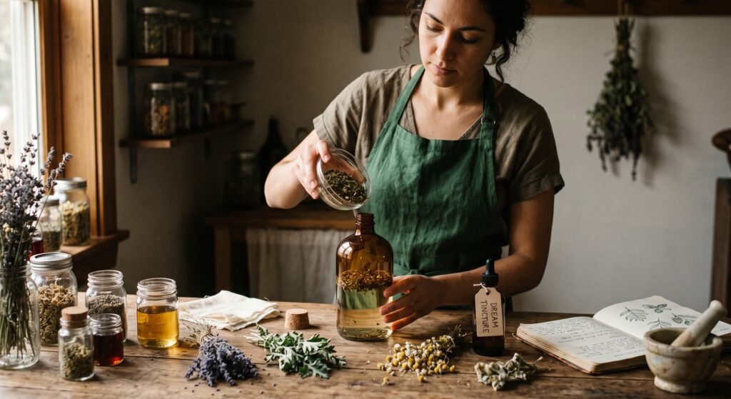 Herbaldreamtincture sians emporium A person in an apron pours dried lavender into an amber bottle to make dream tincture