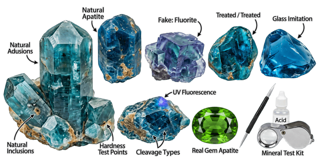 Visual guide showing natural apatite fluorite treated stones glass imitations inclusions cleavage uv fluorescence and mineral testing tools used to help identify fake apatite