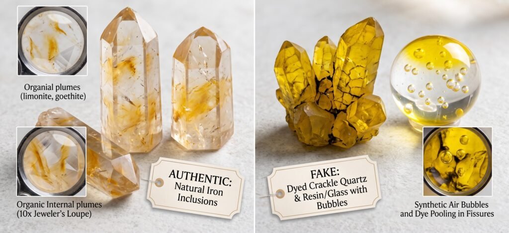 How to spot fake vs real golden healer quartz sians emporium Visual guide comparing genuine golden healer quartz showing natural iron oxide plumes against fake dyed crackle quartz and glass with air bubbles
