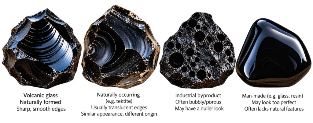How to spot fake obsidian sians emporium Comparison of natural volcanic obsidian naturally occurring glass industrial slag and man made imitation glass showing visual differences that can help identify fake obsidian