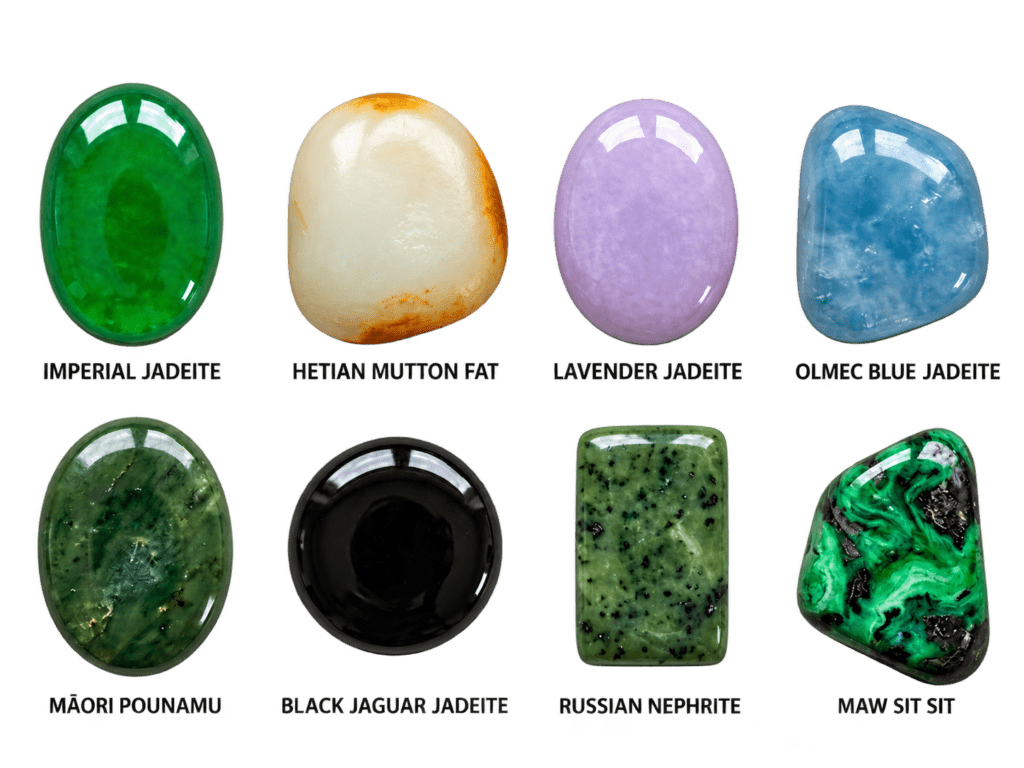 Authentic jade varieties colors types and geographic origins sians emporium Photographic comparison of genuine jade varieties including imperial jadeite hetian mutton fat nephrite lavender jadeite olmec blue and pounamu