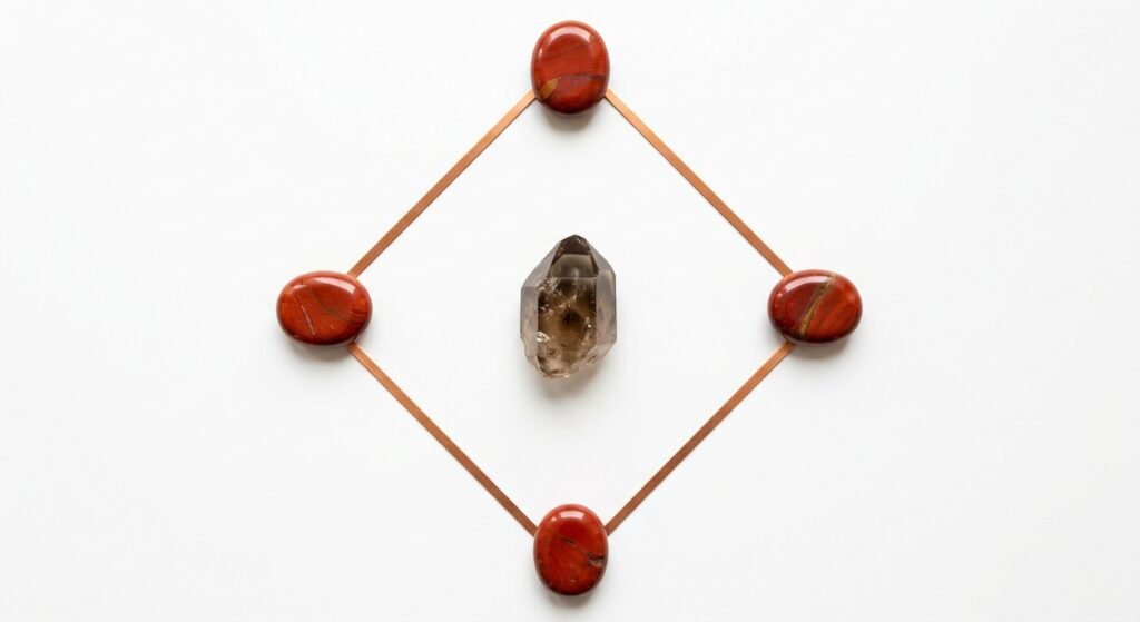 Diamond shaped crystal grid featuring four polished oval red jasper cabochons connected by copper strips with a central smoky quartz point on a white surface