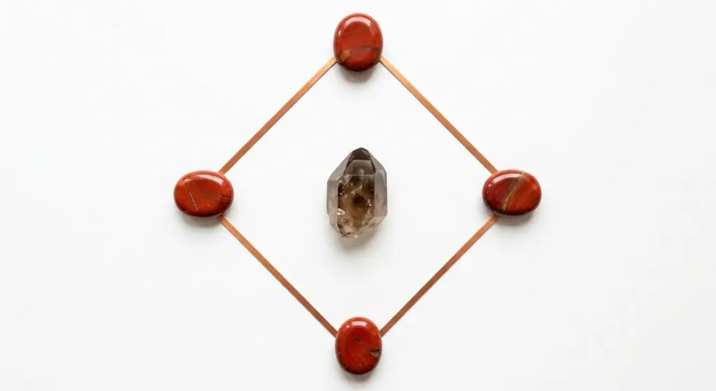 Jasper and smoky quartz diamond crystal grid sians emporium Diamond shaped crystal grid featuring four polished oval red jasper cabochons connected by copper strips with a central smoky quartz point on a white surface