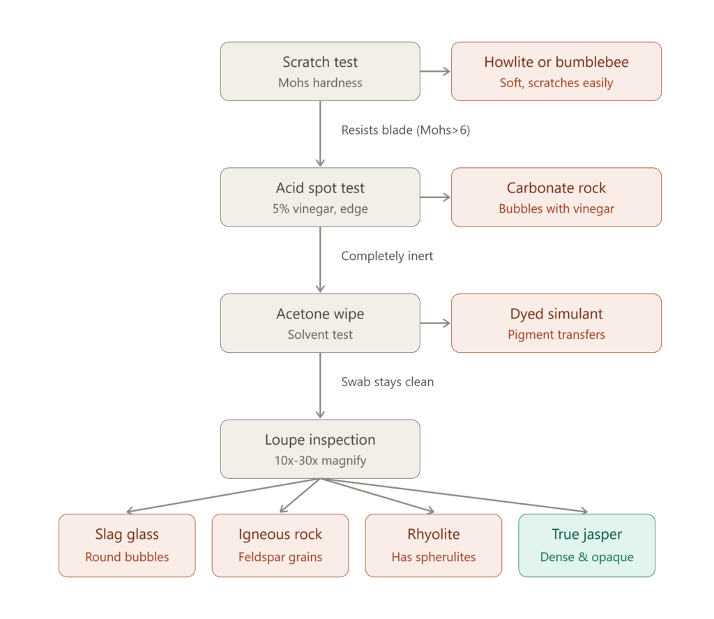 A flowchart detailing how to identify true jasper through a series of four gemological tests differentiating it from common market simulants like howlite slag glass and dyed stones