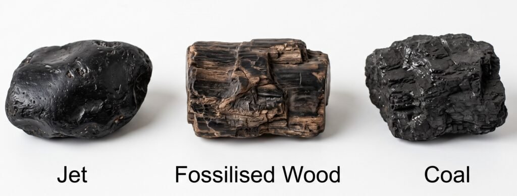 Side by side comparison of three geological specimens smooth black jet gemstone textured brown fossilised wood and rough black coal against a white background