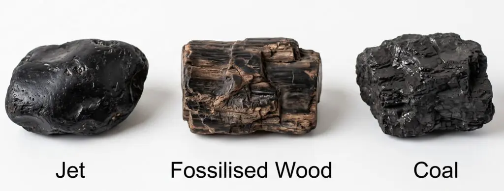 Comparison of jet fossilised wood and coal specimens sians emporium Side by side comparison of three geological specimens smooth black jet gemstone textured brown fossilised wood and rough black coal against a white background
