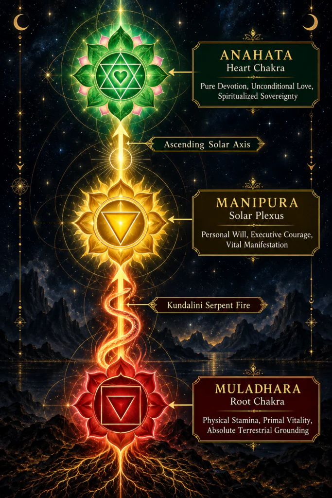 Infographic showing kundalini energy rising from the muladhara root chakra through manipura to the anahata heart chakra